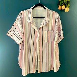 2XL pink, white, black striped button up collard blouse